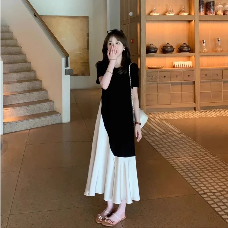 法式气质黑色短袖连衣裙女夏季2025新款慵懒风时尚拼接直筒t恤裙