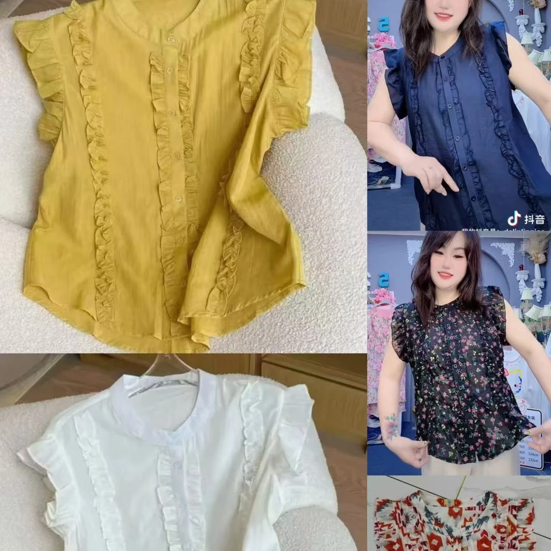 L L琳欧货荷叶边圆领飞飞袖衬衫漂亮洋气小衫显瘦宽松遮肚子8567