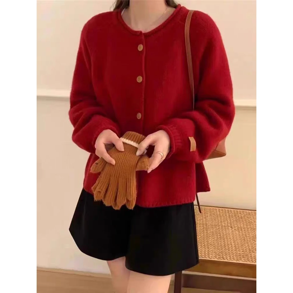 设计感卷边长袖时尚毛衣外套女春秋温柔风软糯宽松小众针织开衫潮