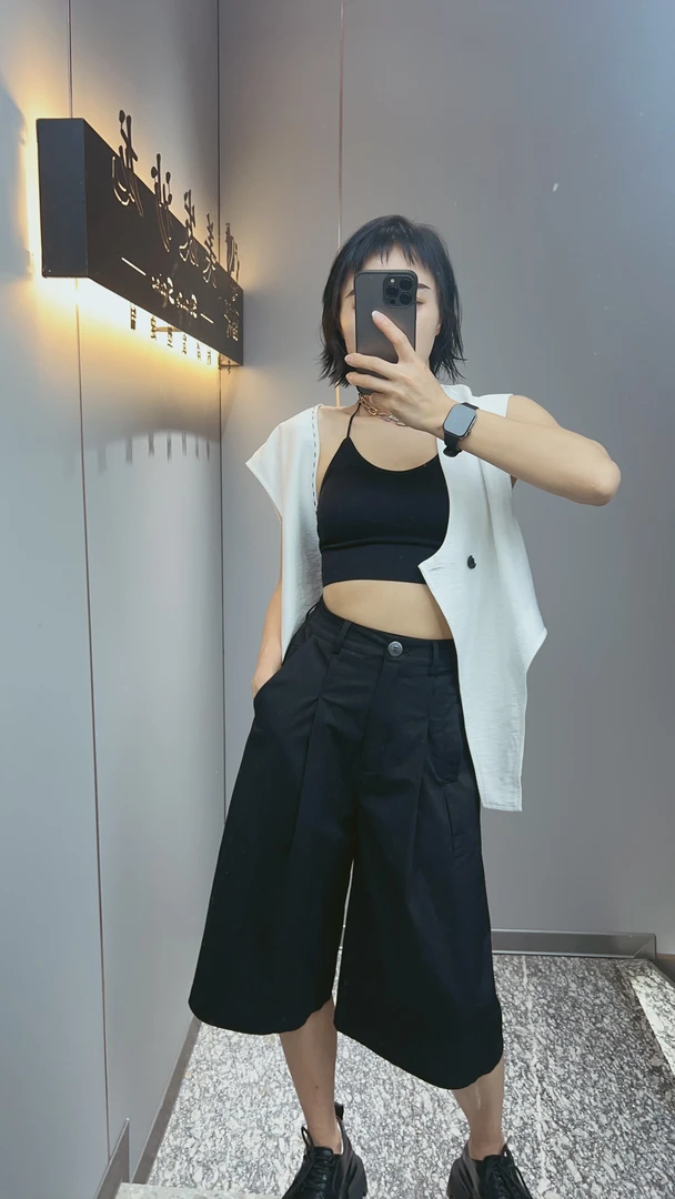 阔腿裤中裤高腰口袋哈伦裤休闲裤A字时尚短裤气质纯色阔腿百搭