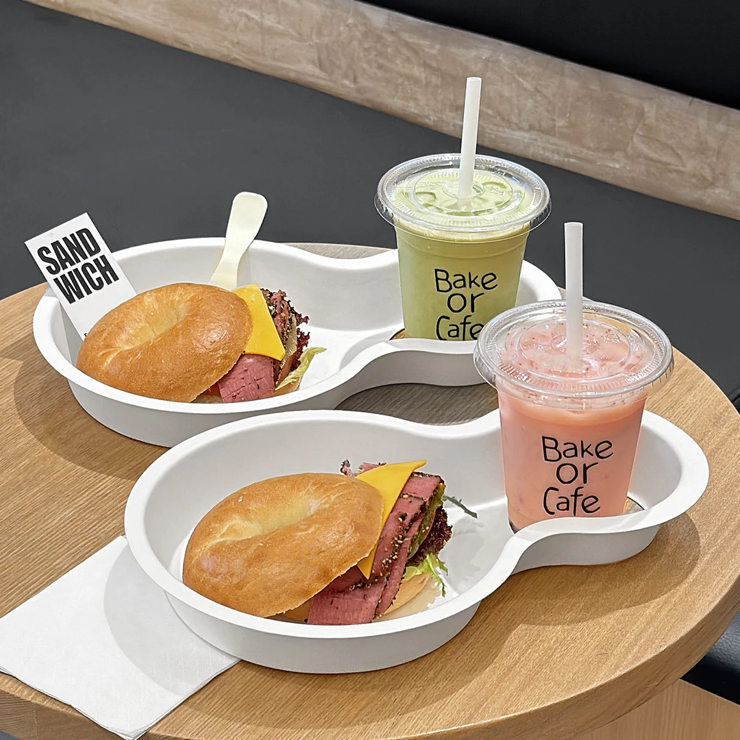 轻食打包一次性纸浆托盘透明冷饮杯随行杯托三明治咖啡杯托盘定制