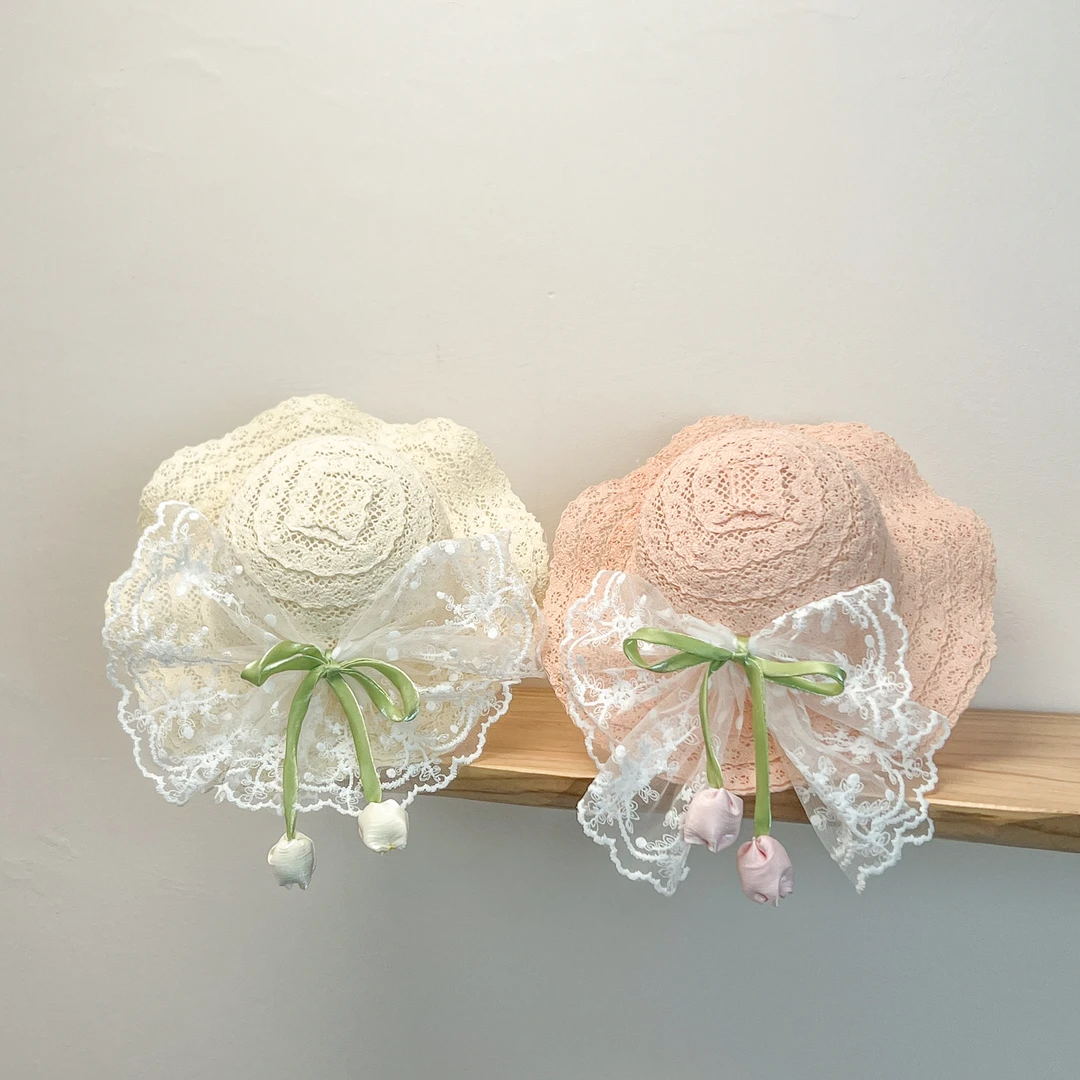 夏季女童草帽儿童遮阳防晒帽子蕾丝蝴蝶结女宝宝沙滩小女孩太阳帽