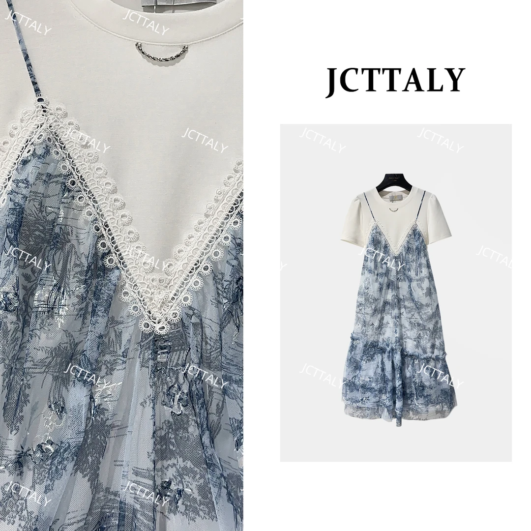 【Linda】【99】夏季新款女装时尚轻奢白蓝提花设计圆领连衣裙NH-A018