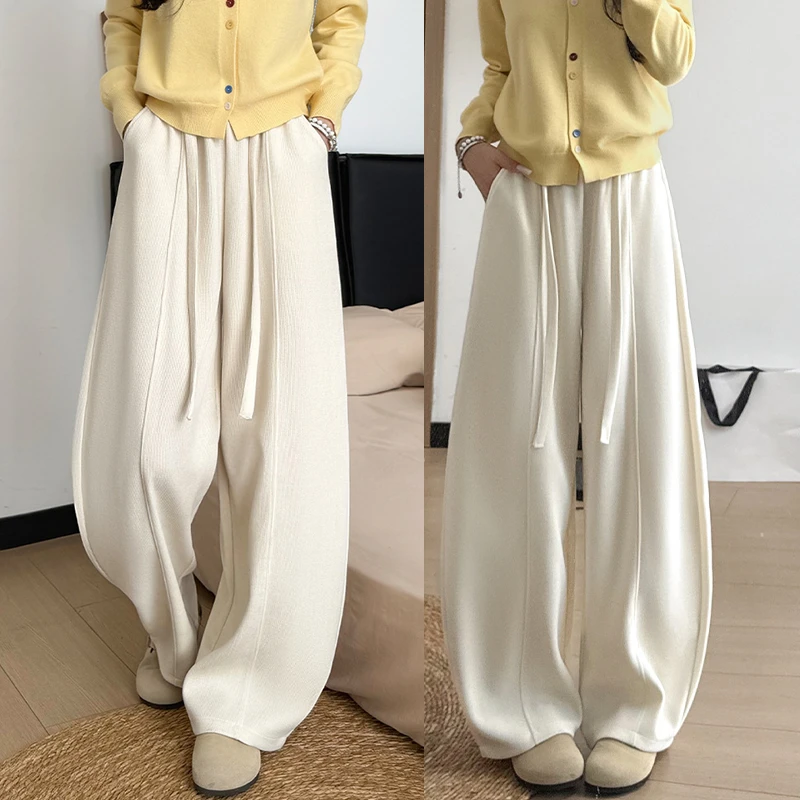 米白运动弯刀裤女秋季2025新款高腰宽松显瘦小个子休闲香蕉阔腿裤
