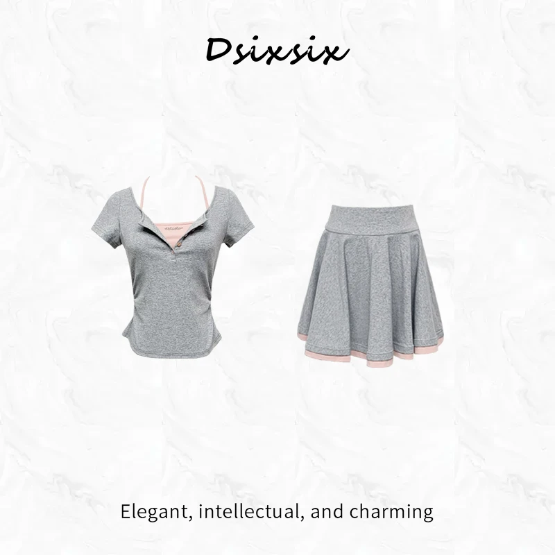 Cherry She现货【雾都少女】夏季新款时尚休闲显瘦假两件连衣裙套装