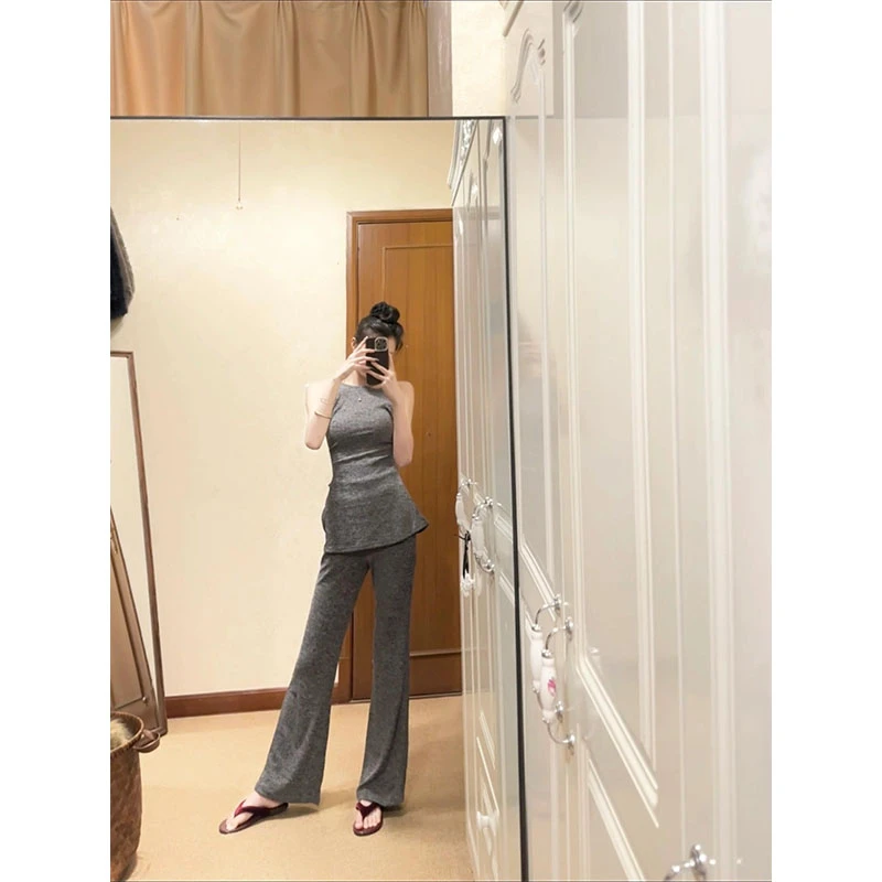 韩系气质高级感简约修身无袖背心上衣高腰百搭微喇长裤时尚两件套