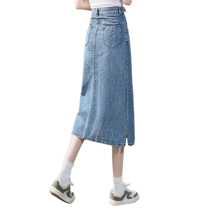 丝柏舍冬季欧若风女中长款水洗开叉牛仔裙高腰半身裙S31K1285B