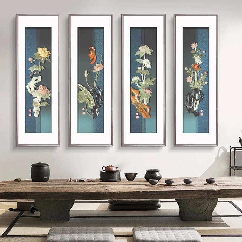 九头鸟手工玉雕画四联幅110×45×4