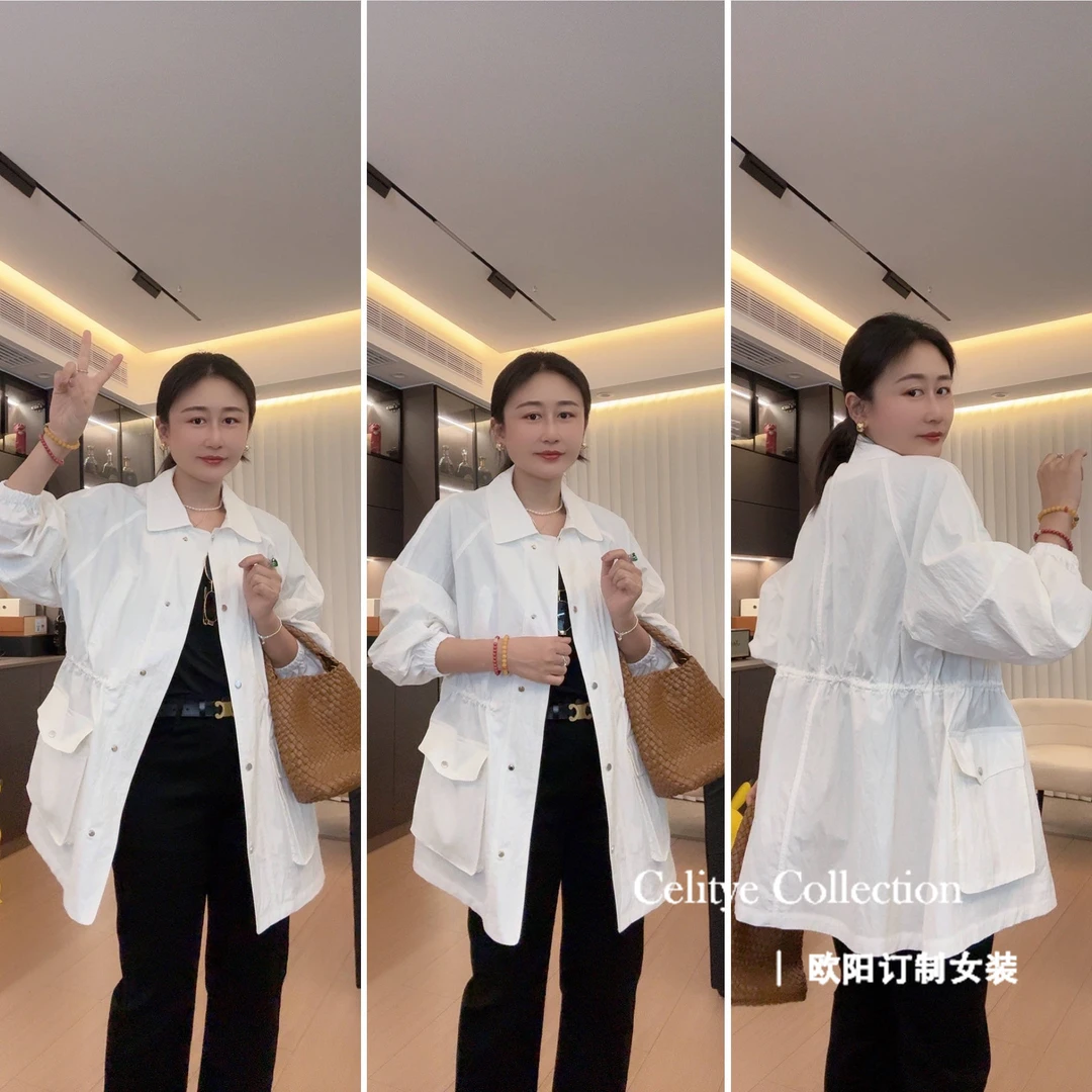 【欧阳自制】 韩系休闲百搭收腰抽绳风衣外套  H2402-240211