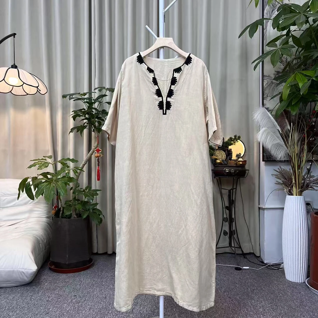 花璟与麻原创设计V领重工刺绣连衣袍裙（裙长118胸围126）