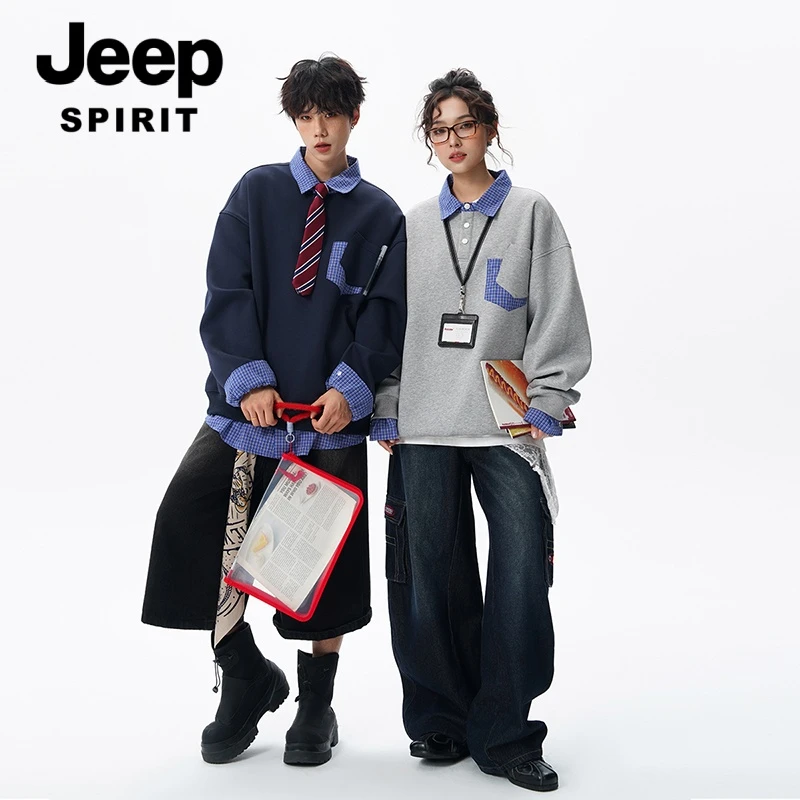 JEEPSPIRIT吉普卫衣套头假两件秋冬长袖宽松翻领日系拼接百搭款