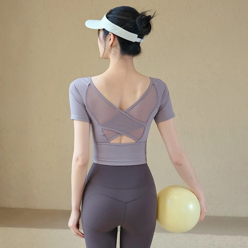 美背胸垫夏季瑜伽普拉提健身透气T恤上衣跑步运动服女士运动装
