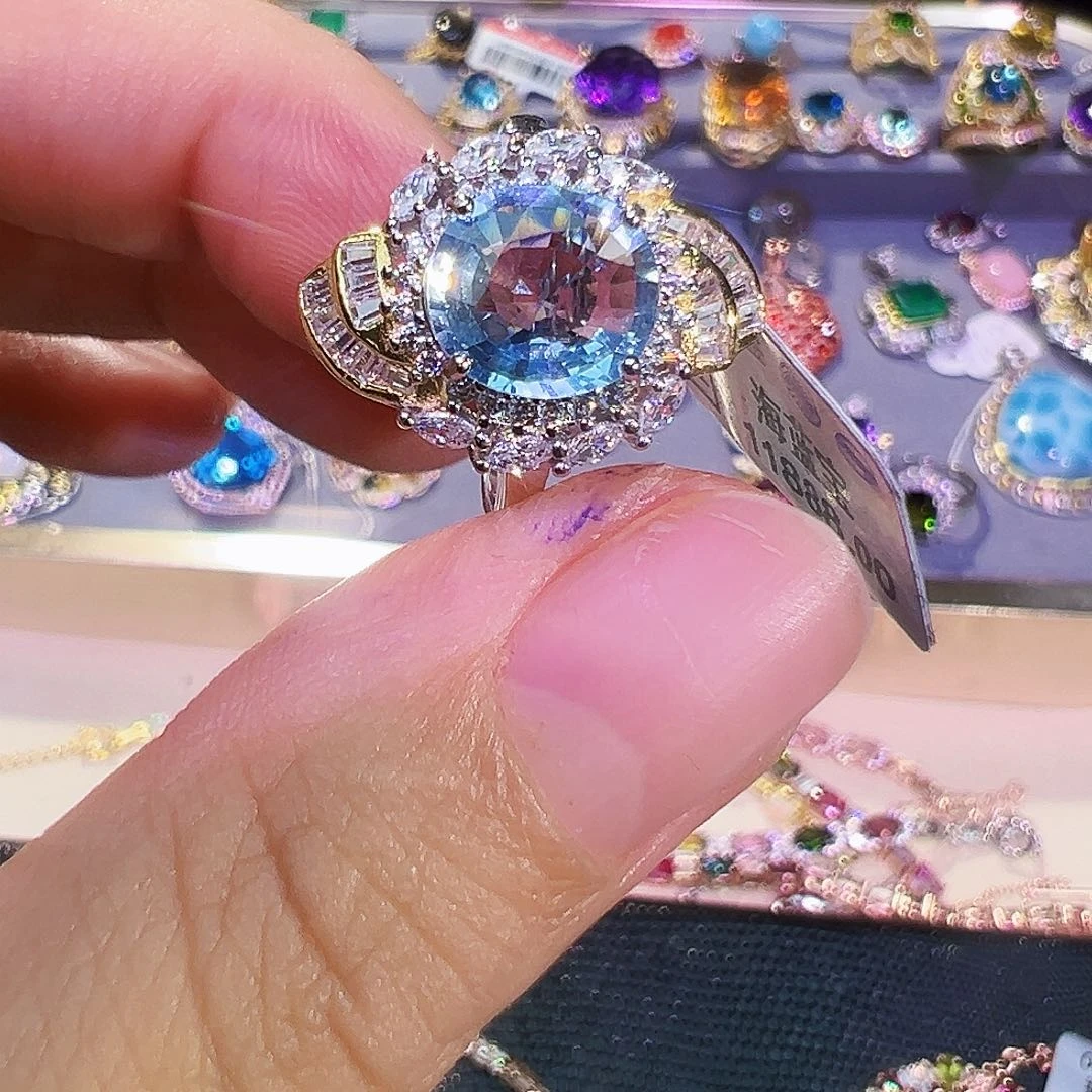 银S925镶嵌戒圈海蓝宝石