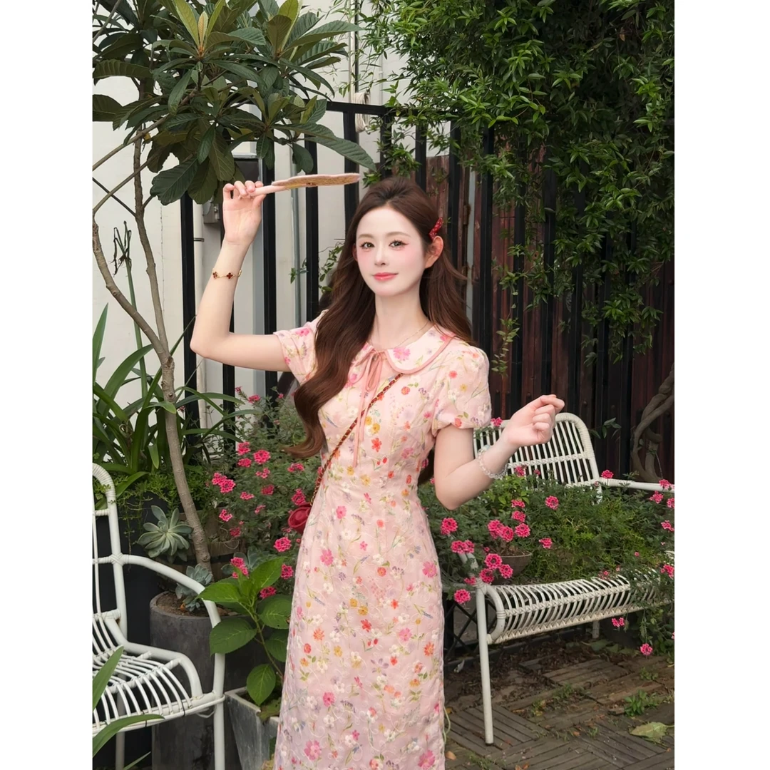 七七很芒【漫花海】夏季新中式翻领碎花印花刺绣旗袍连衣裙XMZH7747