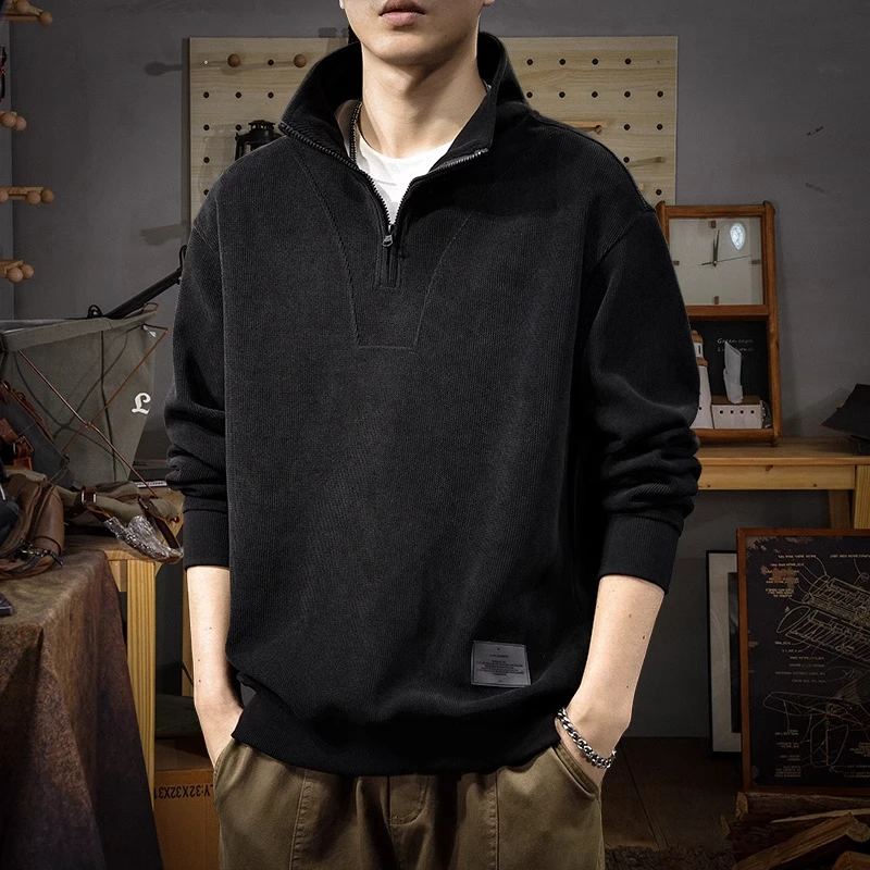 半拉链立领男士加绒卫衣秋冬新款宽松大码雪尼尔上衣潮牌痞帅外套