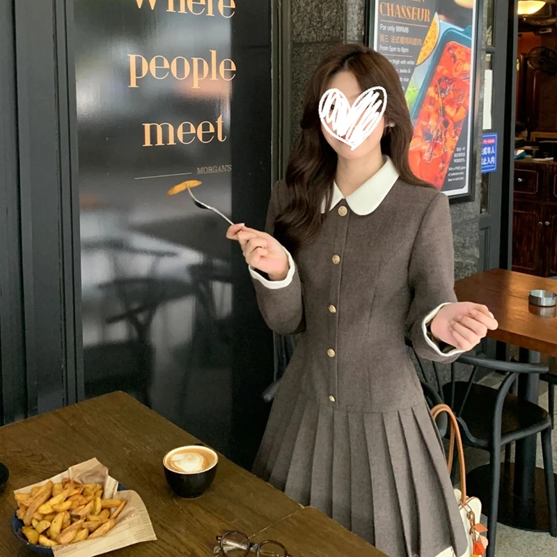 【凛冬恋歌】韩系高智感假两件棕色秋冬小个子收腰百褶裙短裙