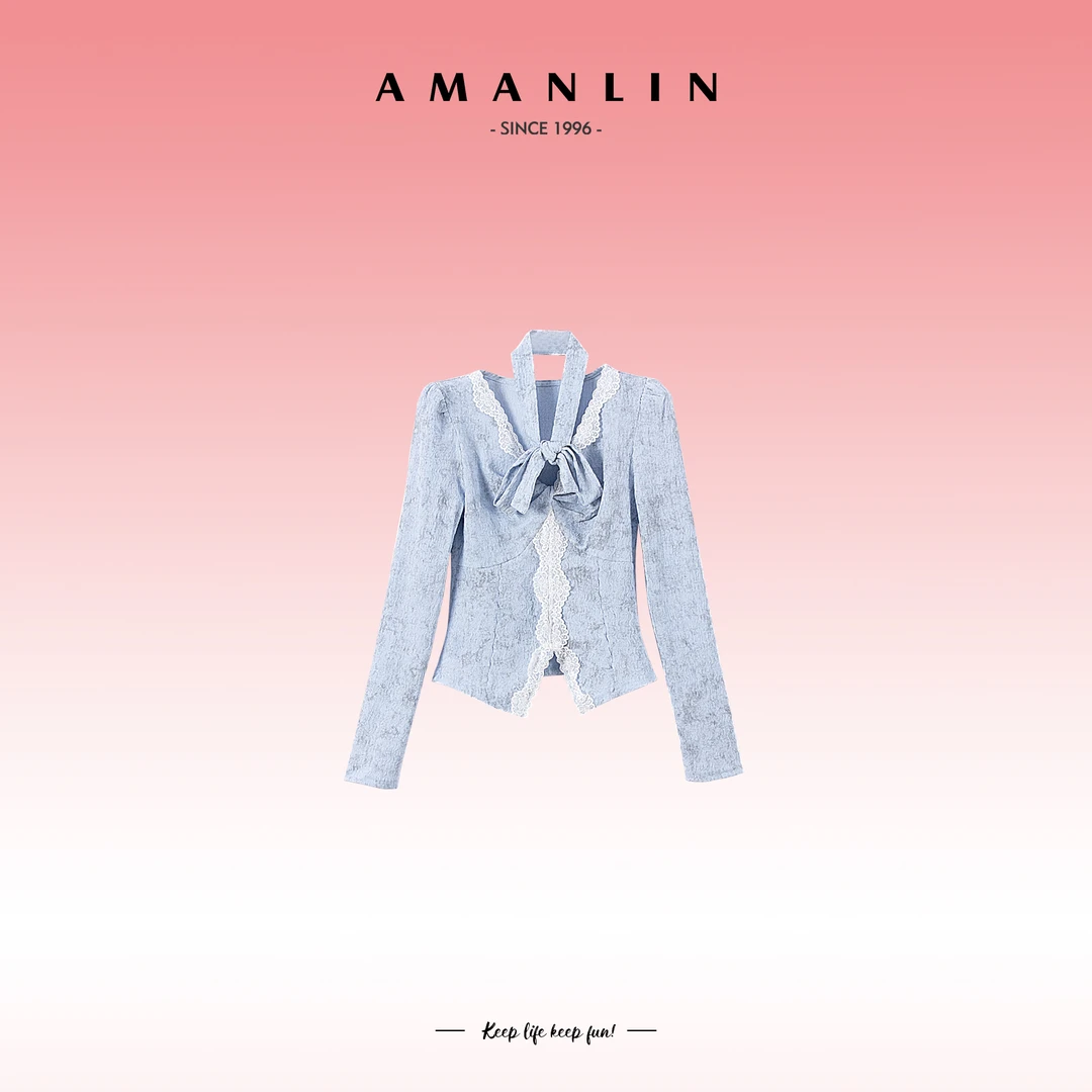 AMANLIN/阿谩琳气质蕾丝花边显瘦修身V领百搭高级感上衣女Y595582