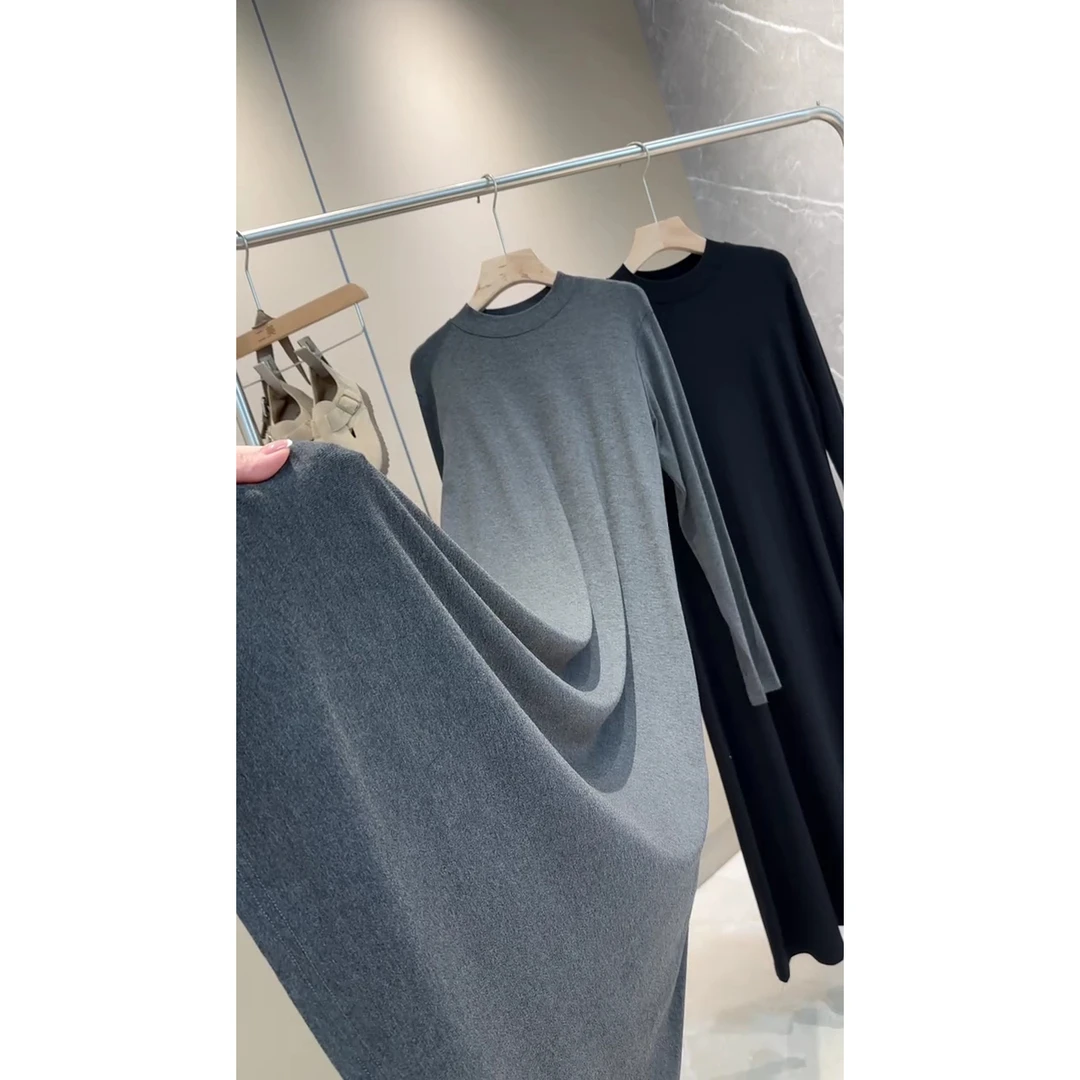 早秋时尚宽松中长款净版气质圆领慵懒风连衣裙