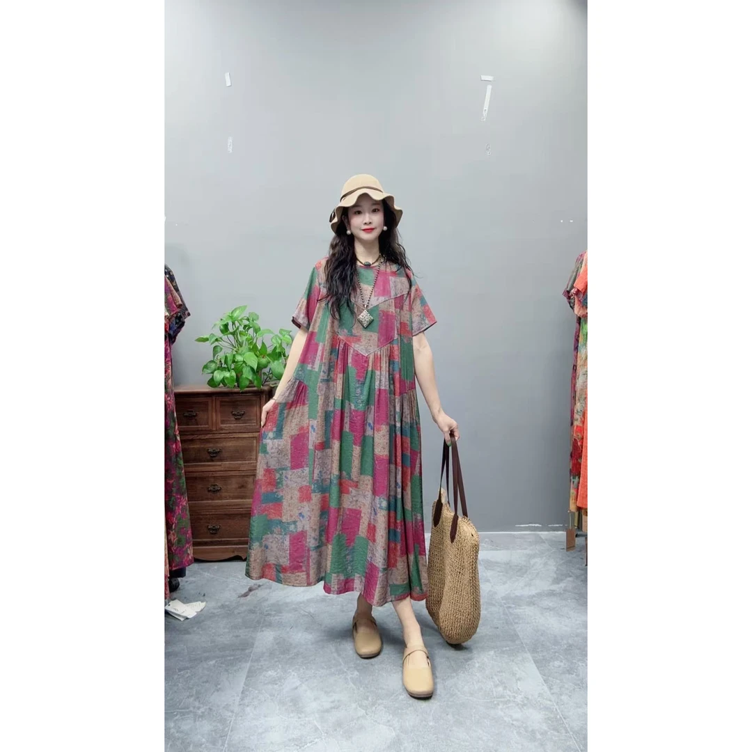 5097夏季新款清凉气质时尚复古遮肚宽松女显瘦百搭圆领休闲连衣裙