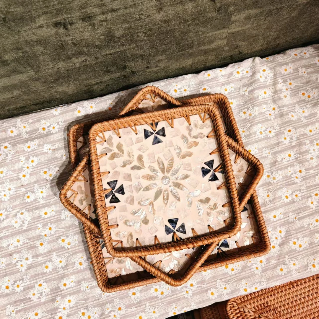 H真藤29*29*4向阳而生方形贝壳盘桌面茶几收纳茶杯水杯盘三件