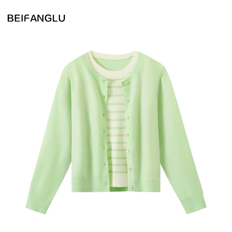 北方鹿【100%绵羊毛】2026年早春新款气质条纹假两件针织衫女261014