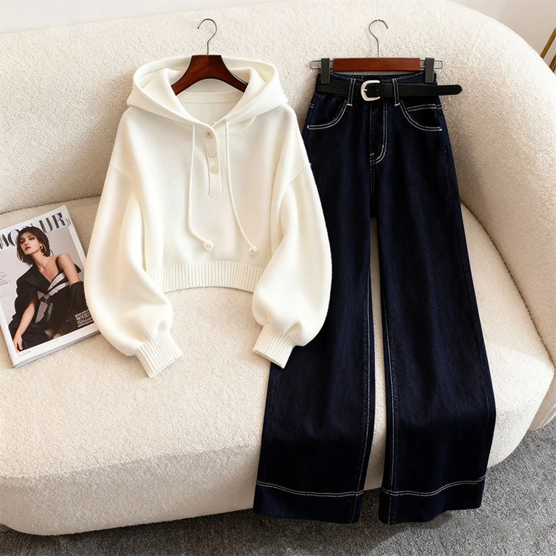 小众别致白色连帽抽绳卫衣女秋季新款高腰休闲百搭直筒裤子两件套