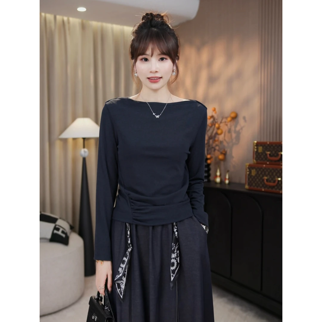 LMENY“美人一字领”分割线捏褶纽扣收腰气质一字领长袖T恤25CT012