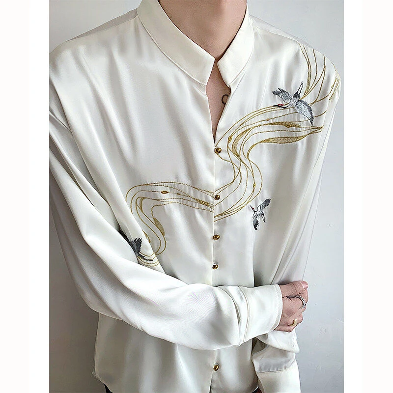 春夏新中式男装刺绣仙鹤立领衬衫男女长袖高级感丝滑缎面国风衬衣