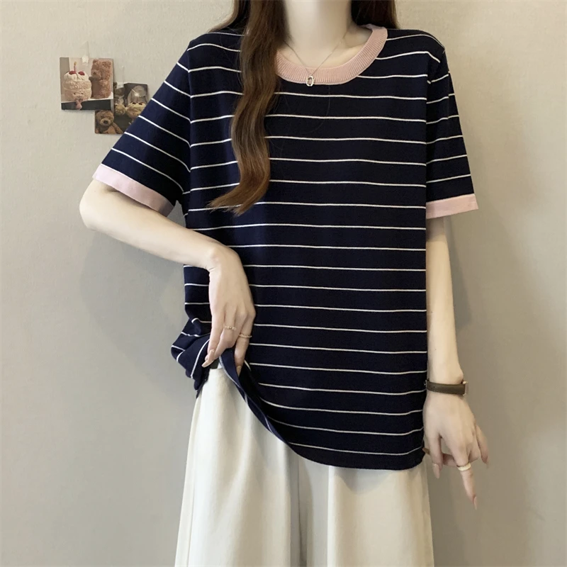 大码条纹短袖冰丝T恤女夏季胖mm宽松遮肚子显瘦洋气减龄针织上衣