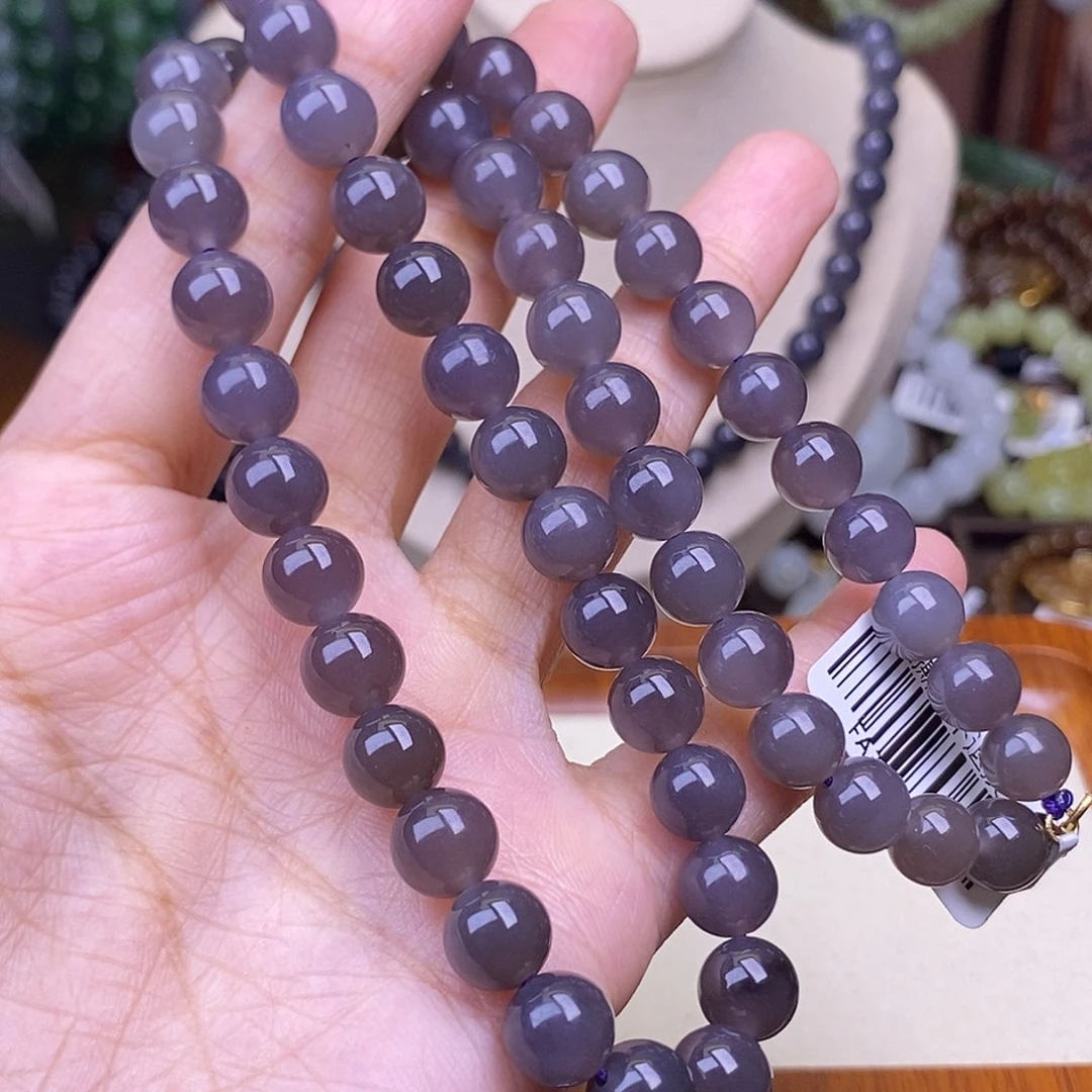 月***楼手链未镶嵌和田玉精品浓烟紫脂膏级冰底项链8m