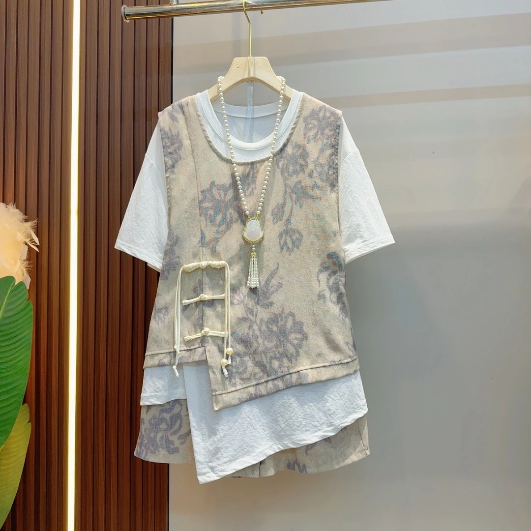 2025新中式时尚不规则盘扣印花流苏马甲打底短裤套装