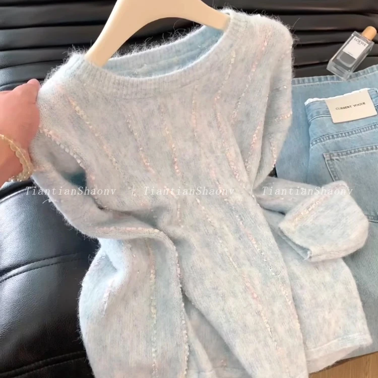 自留款推荐~温柔风蓝色圆领套头针织衫女冬季新款松弛感软糯毛衣