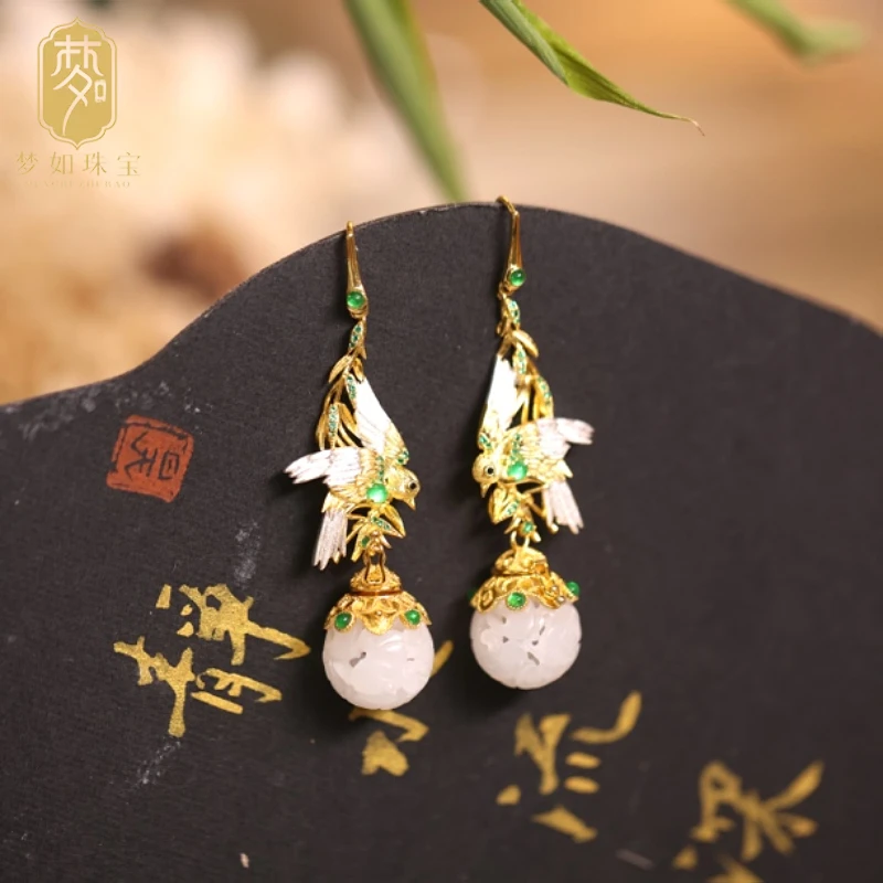 翠拂·银镶和田玉镂空喜鹊耳坠MTS