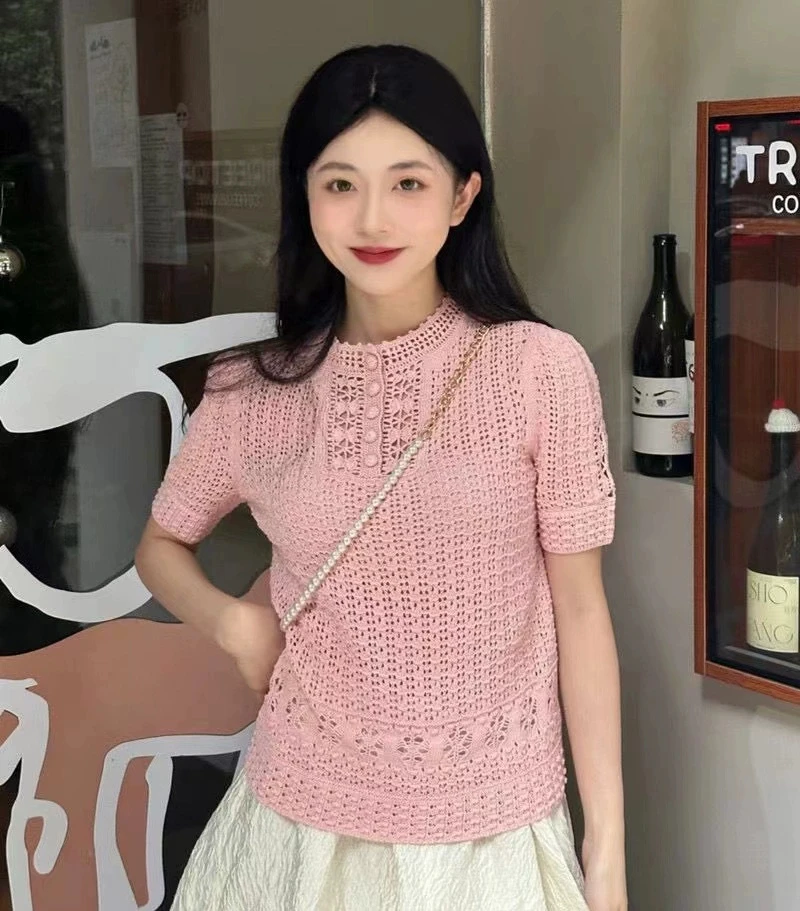 GD女装商场同款2025夏季新款百搭镂空圆领针织短袖T恤体恤1399482