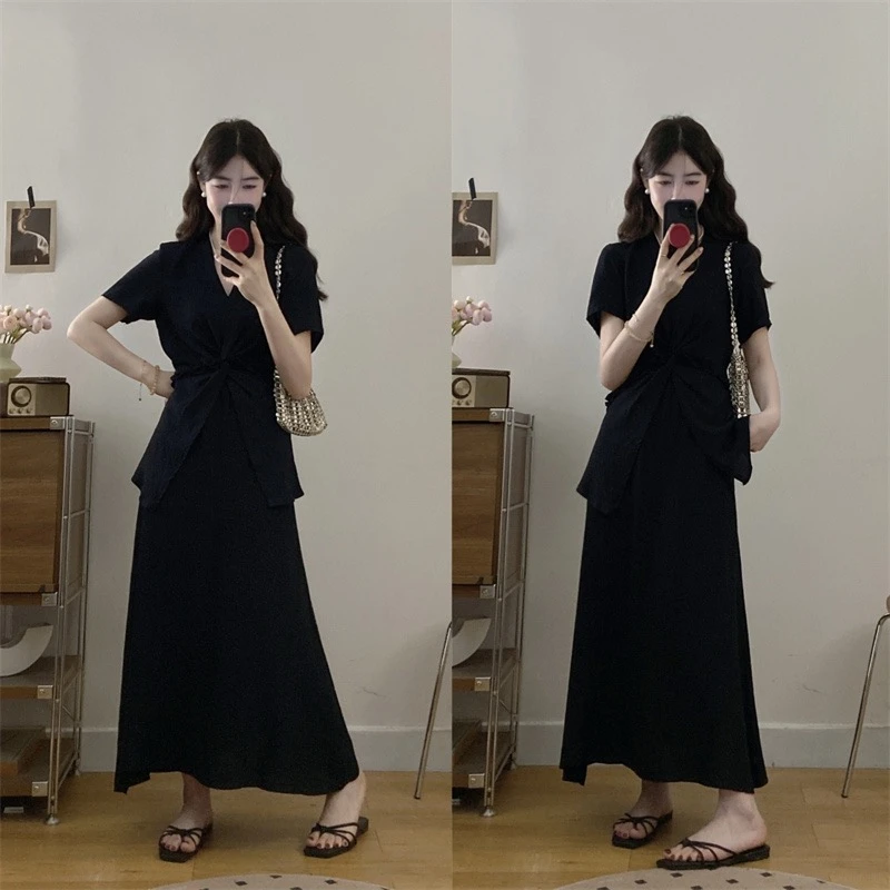 大码夏季新款韩系设计感扭结遮肉显瘦V领上衣高腰半身裙气质套装
