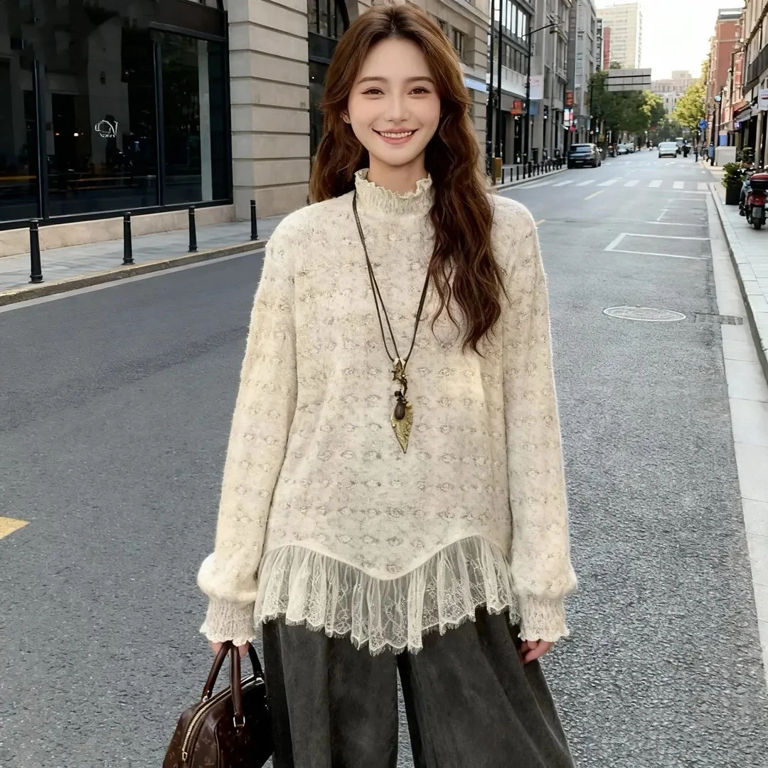 上衣下摆不规则时尚百搭气质中长款碎花拼接蕾丝中长款打底女