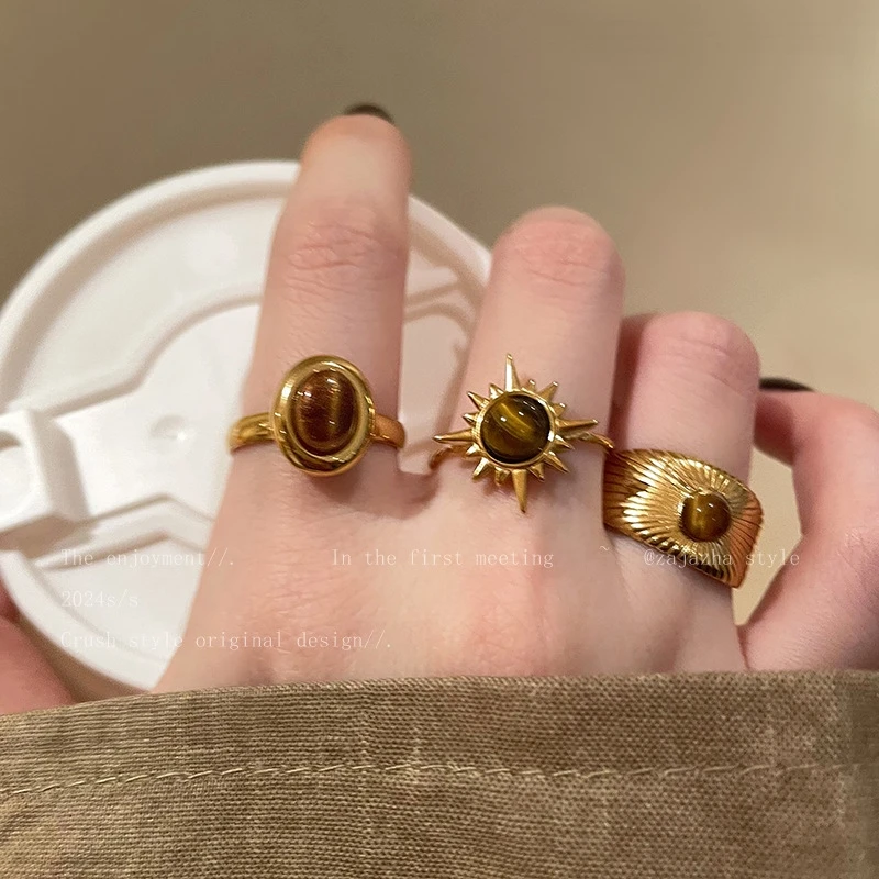 金色太阳花虎眼石戒指女新款感指环小众设计指环