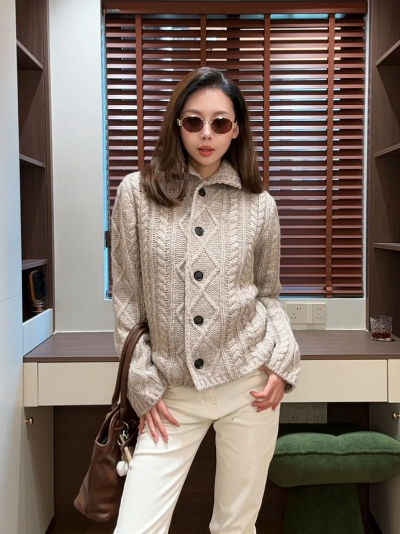 韩系小麻花翻领针织开衫女2025秋冬季新款韩系毛衣慵懒风外套开衫