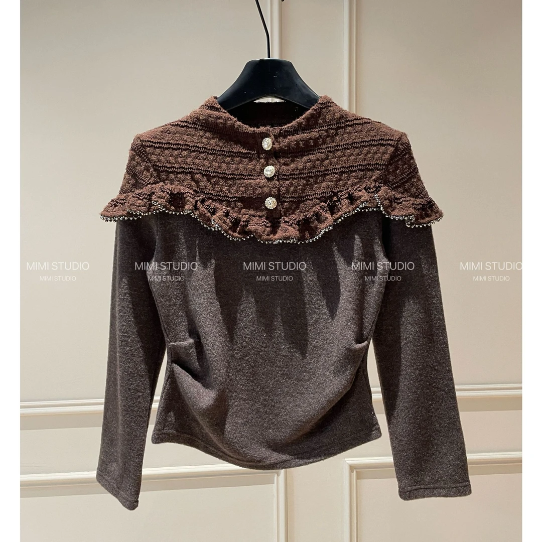 2025冬季新款 复古花边收腰设计感内搭女长袖修身百搭上衣1443