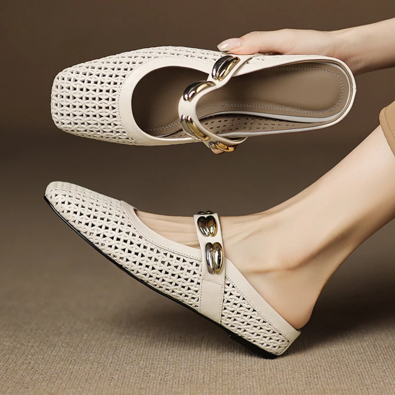 真皮镂空内增高坡跟包头半拖鞋女鞋外穿明星同款百搭方头小众鞋子