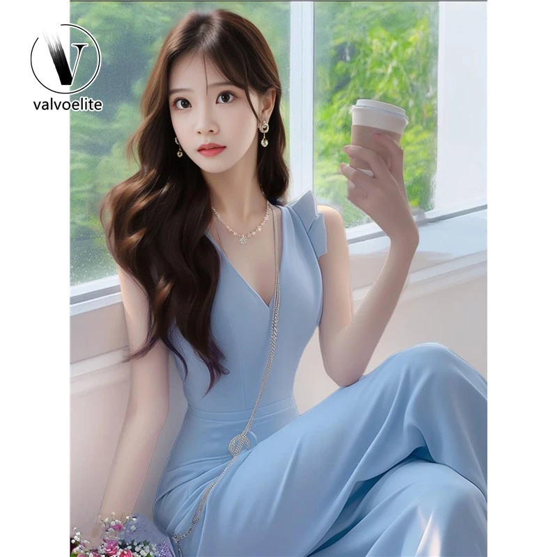 VALVOELITE法式赫本风气质新款连身裤高端高级感蓝色无袖连身裤女