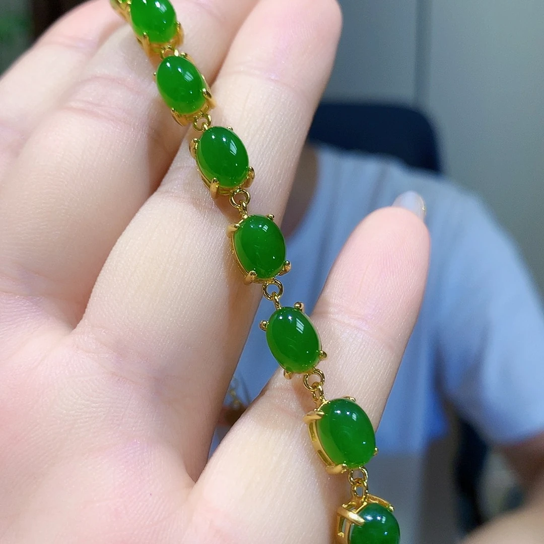 银S925镀金镶嵌手链和田玉（碧玉）