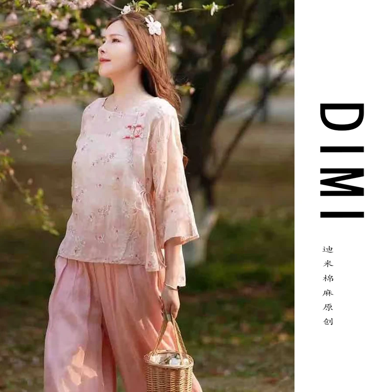 迪米2025春夏新款纯苎麻刺绣女士宽松舒适小衫透气上衣8399
