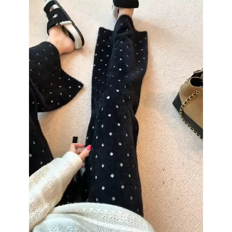 2026秋冬新款韩系波点毛茸茸绑带直筒针织裤女设计感百搭休闲裤