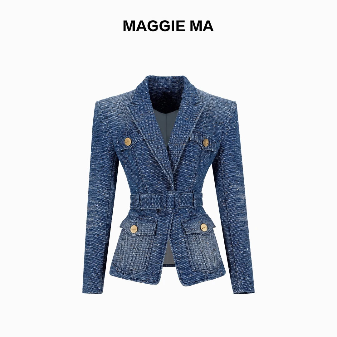 MAGGIE MA马婧设计师款冰川靛蓝复古美学牛仔外套464C