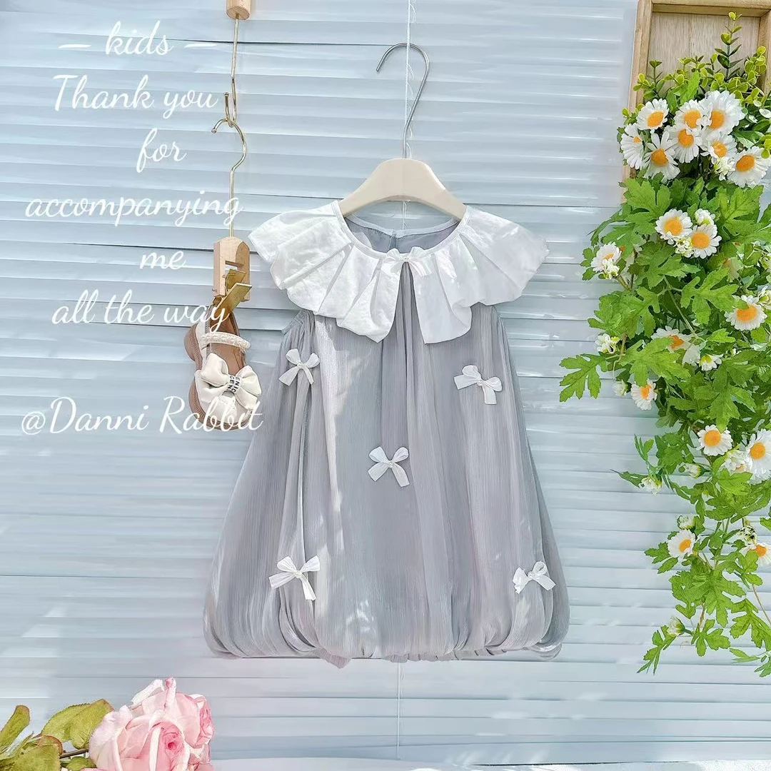 【Dannirabbit】*纯色高级灰+丝滑蝴蝶结*女童花苞裙 X-780