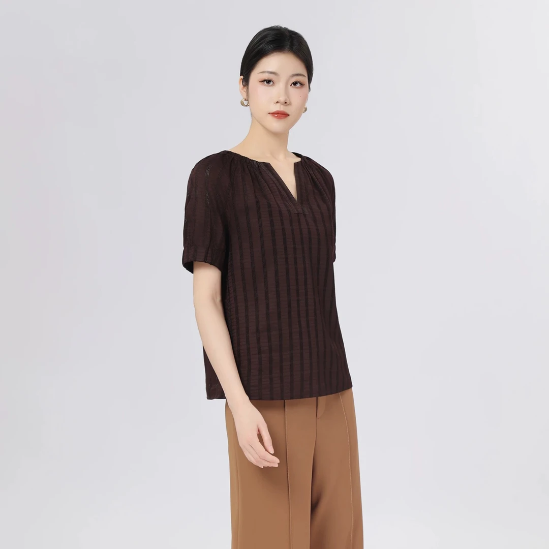 ［官方正品］春夏新款时尚气质V领条纹短袖衬衫530036-1P28723