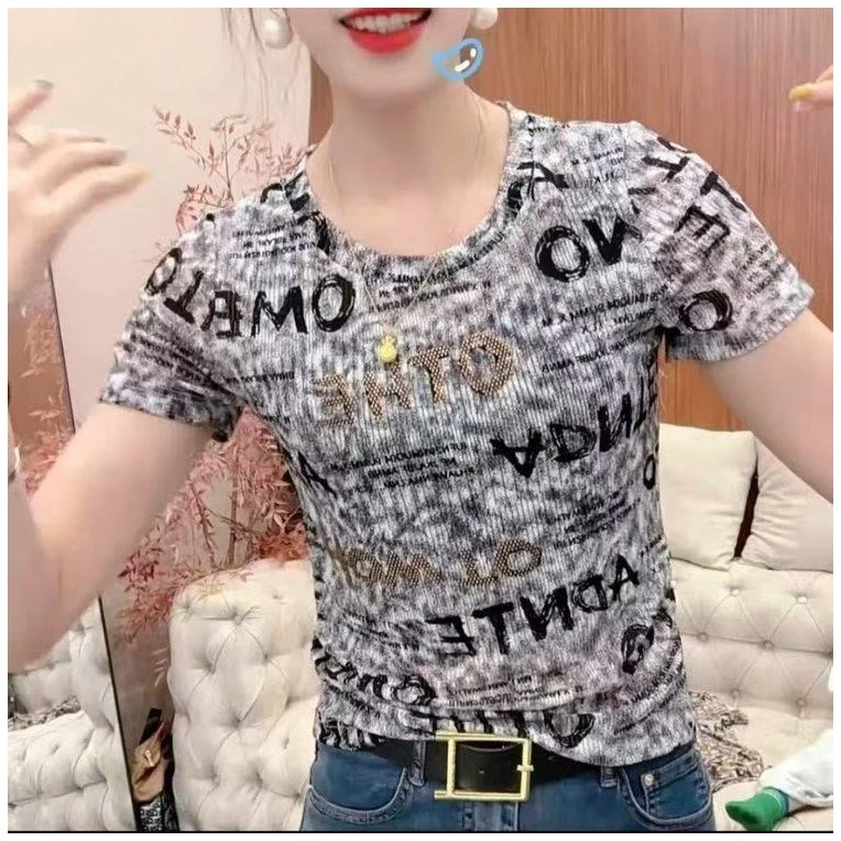 2025夏季新款圆领印花女士打底薄款上衣休闲妈妈装气质体恤衫洋气