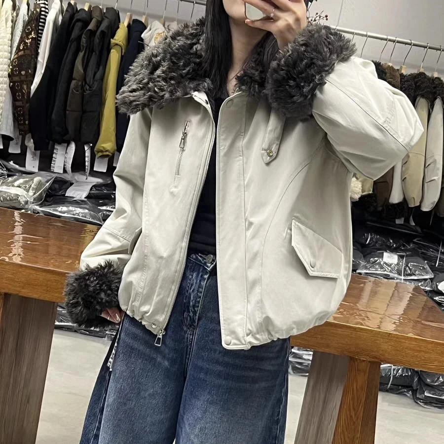 8508咖色卷卷毛大翻领休闲加绒加厚派克外套