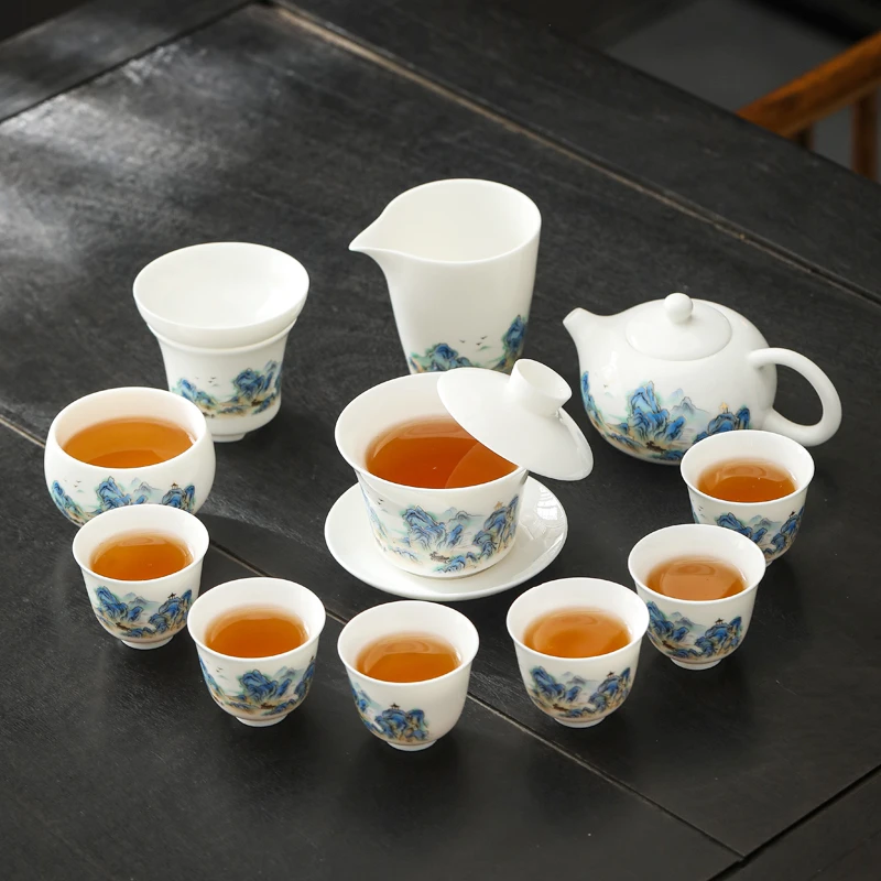 江山如画悬停盖碗白瓷功夫茶具套装高端办公室家用整套泡茶杯专用